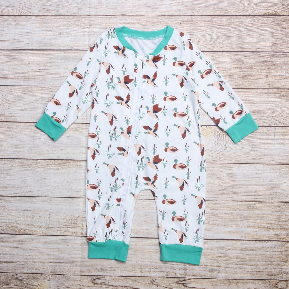 Autumn Clothes Boy White Long Sleeve Green Cuffs Wild Duck And Reeds Print Pattern Toddler Romper