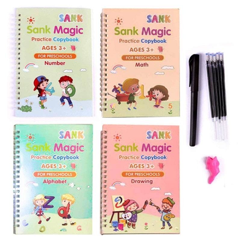 4 Books + Pen Magic Practice Book Free Wiping Children's Toy Writing Sticker English Copybook For Calligraphy Montessori Toys
