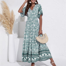 Load image into Gallery viewer, ATUENDO Summer Bohemian Sexy Dress for Women Fashion Vintage Solid Green Maxi Robe Casual Wedding Guest High Waist Lady Dresses
