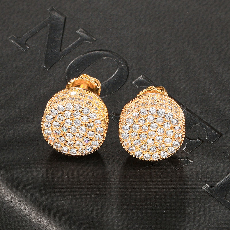 Hip HOP 1Pair Micro Full Paved Rhinestone Round Zircon CZ Stone Bling Iced Out Stud Earring Copper Earrings For Men Jewelry