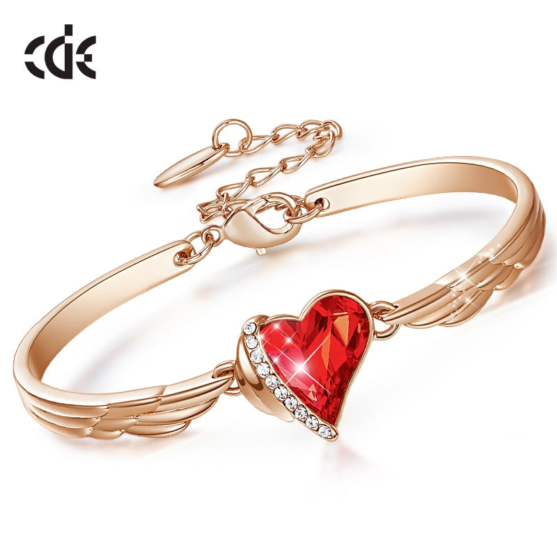 CDE Fashion Red Heart Crystal Charm Bangles Women Gold Color Copper Jewelry Bangle Bracelet for Party Gift