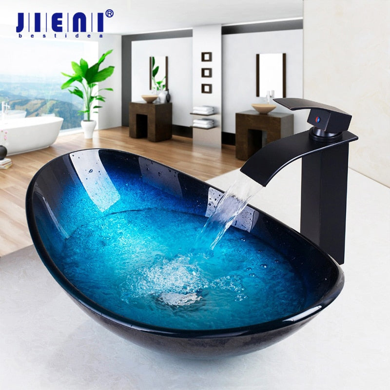 JIENI Tempered Glass Hand Painted Waterfall Spout Basin Black Tap Bathroom Sink Washbasin Bath Brass Set Faucet Mixer Taps Blue