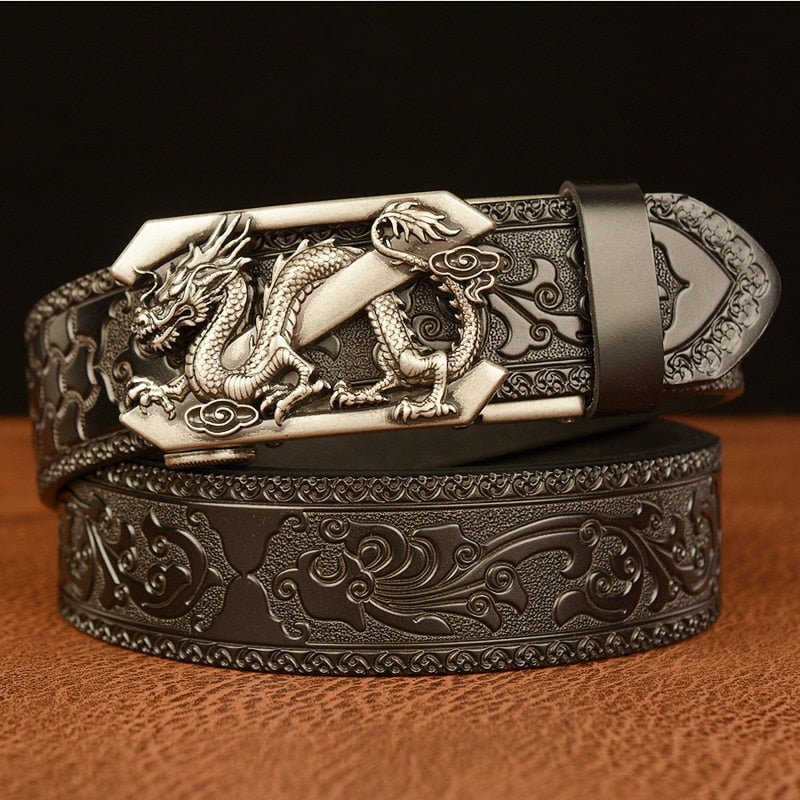 Embossing Retro Technology Belts for Men Business Genuine Leather Cowhide Leather Belt with Dragon Pattern Automatic Buckle