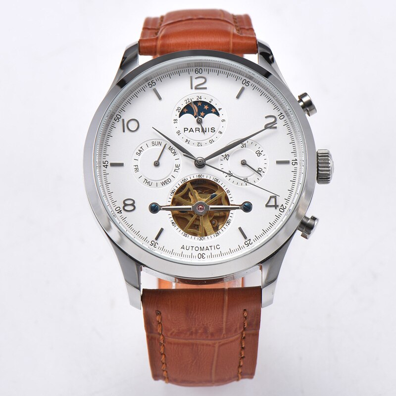 Parnis 43mm White Dial Automatic Men's Watches Moon Phase Calendar Men Wristwatch JHS35 Movement Mechanical Man Clock