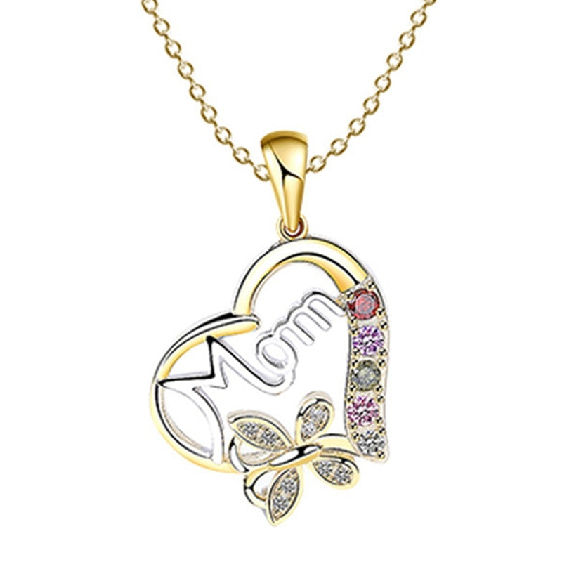 High Quality Mothers Day Gift Mom Hollow Out Design Heart Butterfly Crystal Necklace