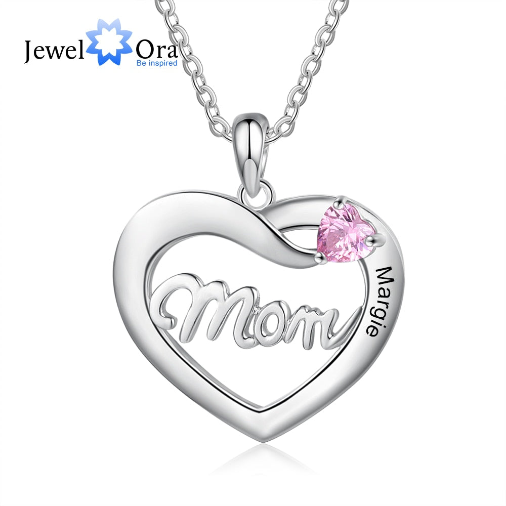 JewelOra Personalized Mom Necklace with DIY Birthstone Customized Engraved Name Heart Pendant Anniversary Mothers Day Gifts