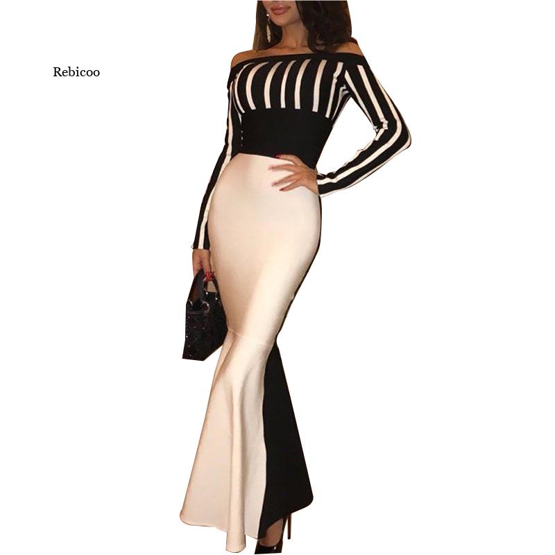 Spring Elegant Stripe Off Shoulder Slash Neck Long Dress Women Bodycon Party Maxi Dress Long Sleeve Vestidos
