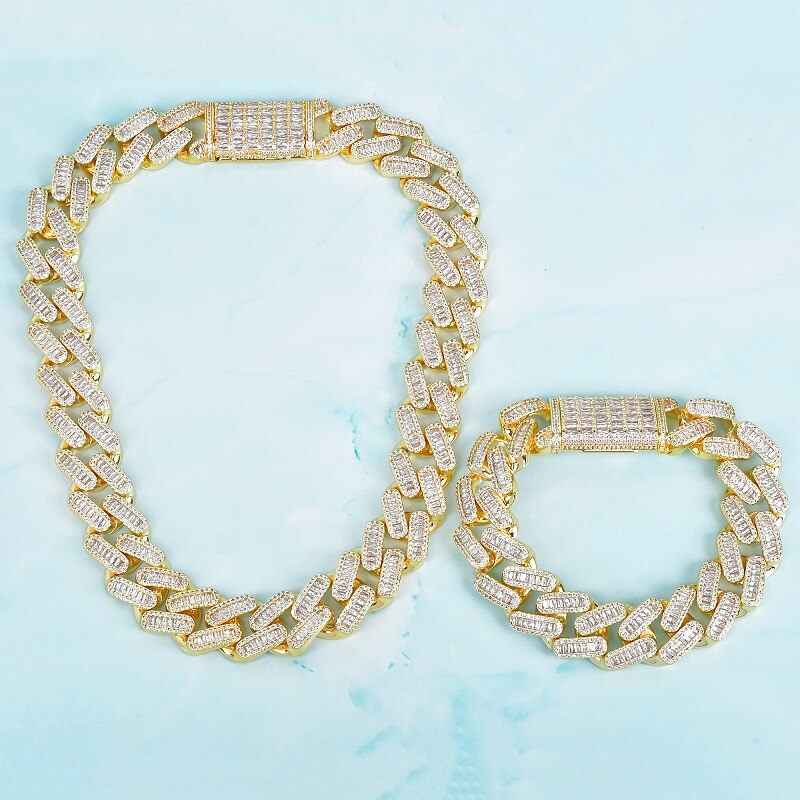 Gold Color Bracelet & Necklace Set 20mm Baguette Cubic Zircon Men's Hip Hop Rock Jewelry