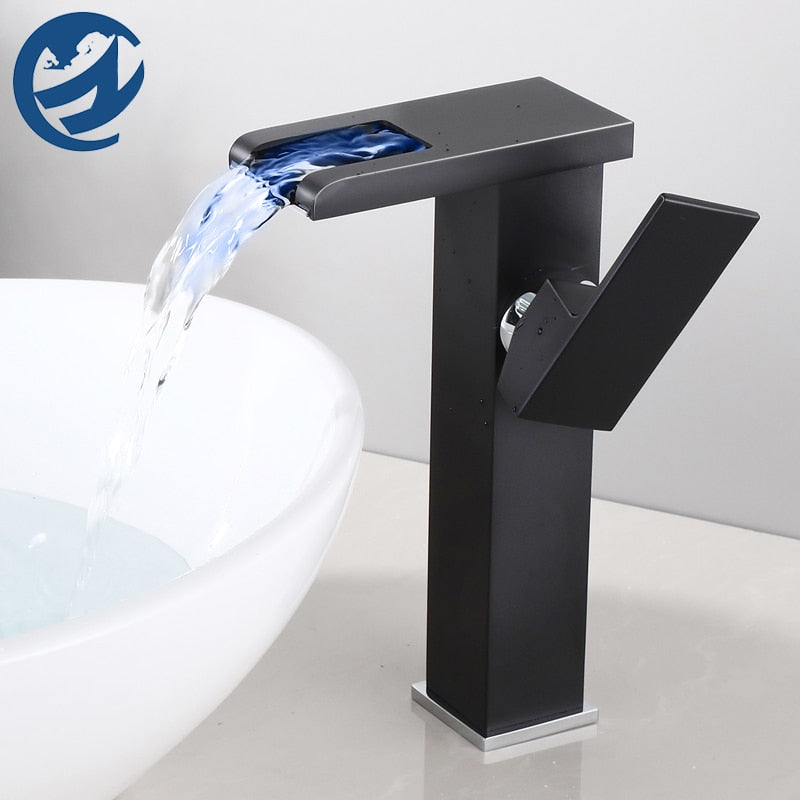 LED Waterfall Bathroom Basin Faucet, Single Handle Cold Hot Water Mixer Sink Tap RGB Color Change Powered by Water Flow