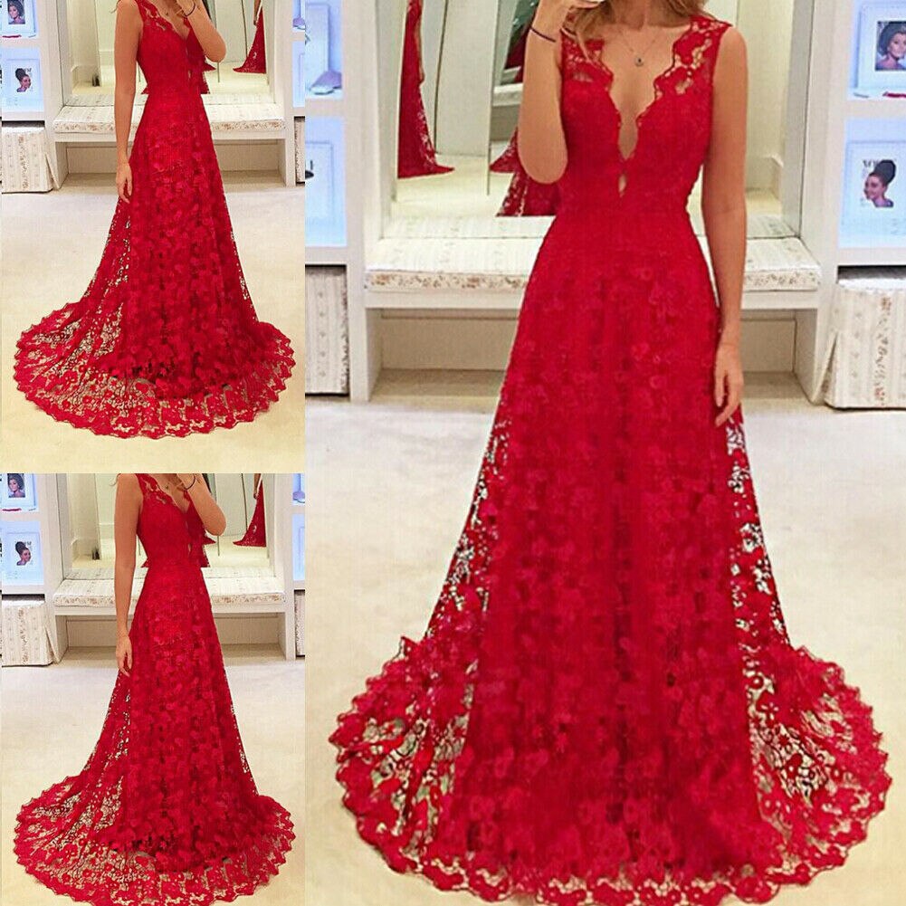 New trendy solid lace red deep v spring summer sleeveless  Women Formal   Long Evening Party Ball Prom Gown  Dress S-XL