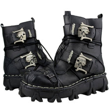 Load image into Gallery viewer, Men&#39;s Cowhide Genuine Leather Motorcycle Boots Military Combat Boots Gothic Skull Punk Boots
