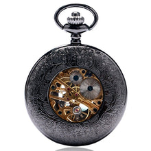 Load image into Gallery viewer, Steampunk Hand Winding Mechanical Black Pocket Watch Fob Pendant Mens Womens Box Bag
