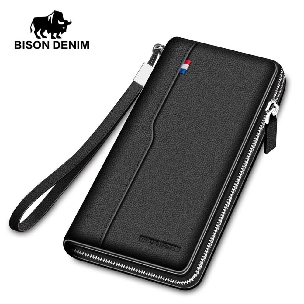 BISON DENIM fashion brand men wallets genuine leather large capacity men clutch purse credit card holder phone wallet