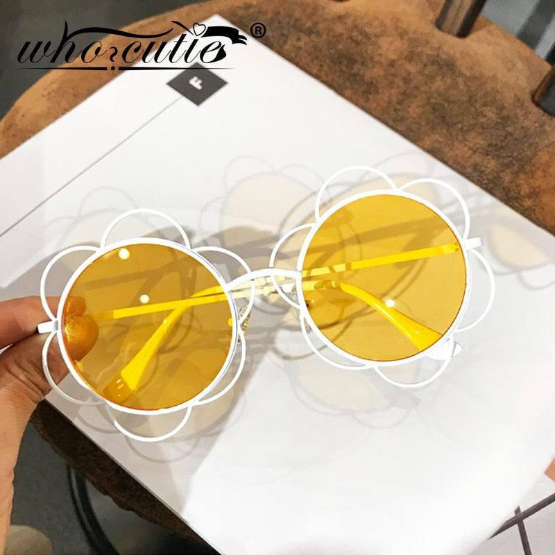 WHO CUTIE Metal Flower Sunglasses Women Round Frame 2019 Luxury Brand Design Vintage Retro Chic Sunnies Sun Glasses Female S026