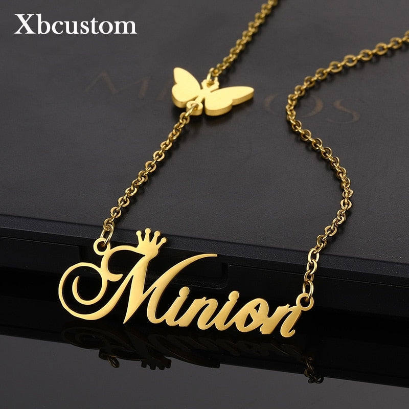 Personalized Customized Necklace Butterfly Pendant Stainless Steel Crown Chain Nameplate Necklaces Choker Jewelry for Women