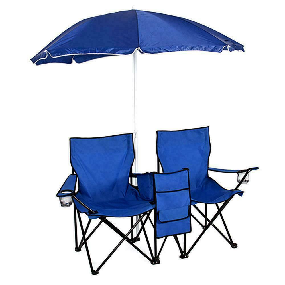 Foldable Picnic Beach Camping Double Chair+Umbrella Table Cooler Fishing Fold UP
