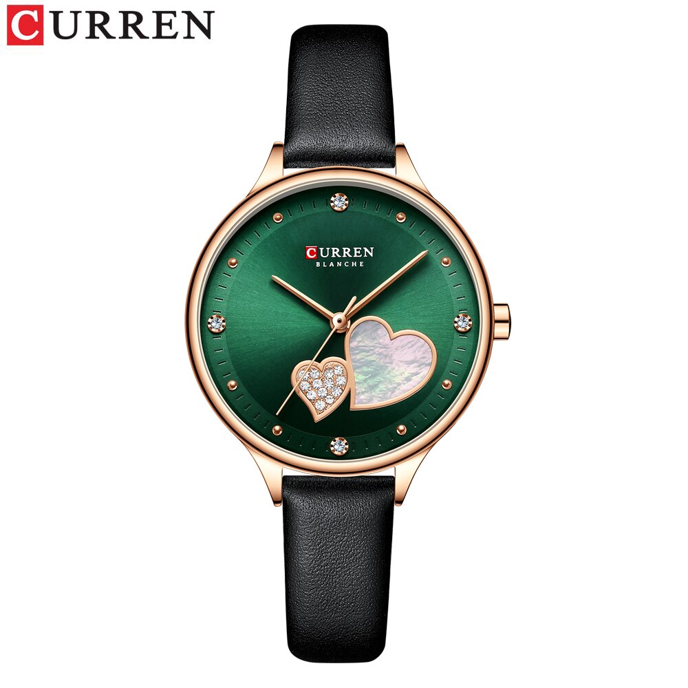 CURREN Women Watches Top Brand Luxury 2020 Designer Emerald Dial with Rhinestone Heart Charming Quartz Wristwatch