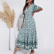 Load image into Gallery viewer, ATUENDO Summer Bohemian Sexy Dress for Women Fashion Vintage Solid Green Maxi Robe Casual Wedding Guest High Waist Lady Dresses
