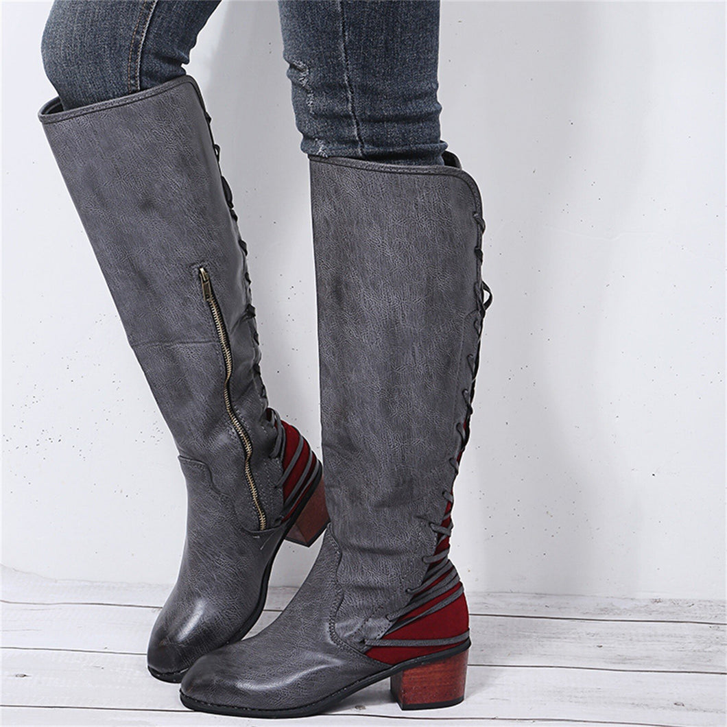 Ladies Boots High-heeled Retro Leather Boots With Round Toe Thick Heel Boots Back Lacing Punk Style Autumn Winter Boots Shoes