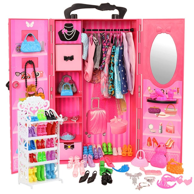 Fashion Dollhouse Furniture 73 Items/Set=1 Wardrobe + 72 Doll Accessories Dolls Clothes Dresses Crowns Necklace Shoes For Barbie