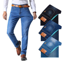 Load image into Gallery viewer, Brother Wang Classic style Men Brand Jeans Business Casual Stretch Slim Denim Pants Light Blue Black Trousers Male
