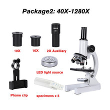 Load image into Gallery viewer, Zoom 640X 1280X 2000X HD Biological microscope Monocular student education laboratory LED light phone holder electronic eyepiece
