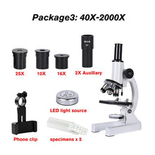 Load image into Gallery viewer, Zoom 640X 1280X 2000X HD Biological microscope Monocular student education laboratory LED light phone holder electronic eyepiece
