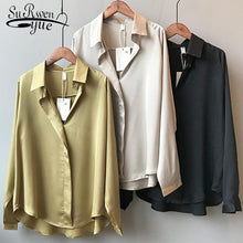 Load image into Gallery viewer, 2021 Spring Women Fashion Long Sleeves Satin Blouse Vintage Femme V Neck Street Shirts Elegant Imitation Silk Blouse 5273 50

