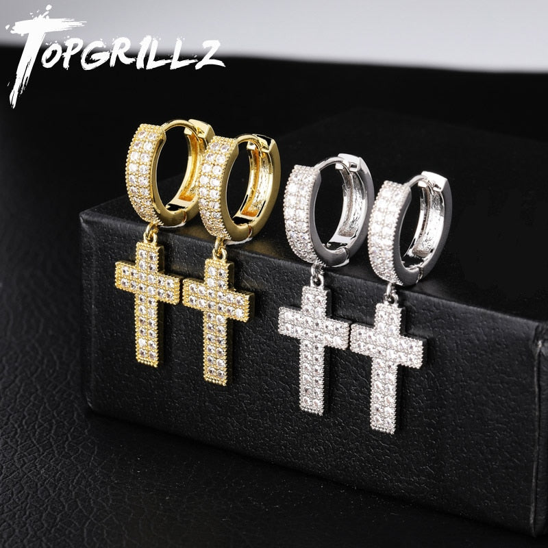 TOPGRILLZ Cubic Zirconia Bling Iced Cross Earring Gold Silver Color Copper Material Earrings for Men Women Hip Hop Rock Jewelry