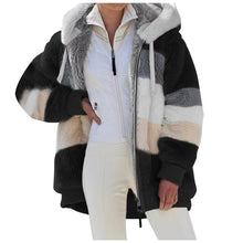 Load image into Gallery viewer, Winter Faux Fur Women&#39;s Coat Hooded Long Sleeve Cardigan Zipper Pockets Loose Patchwork Striped Fashion Casual Coat
