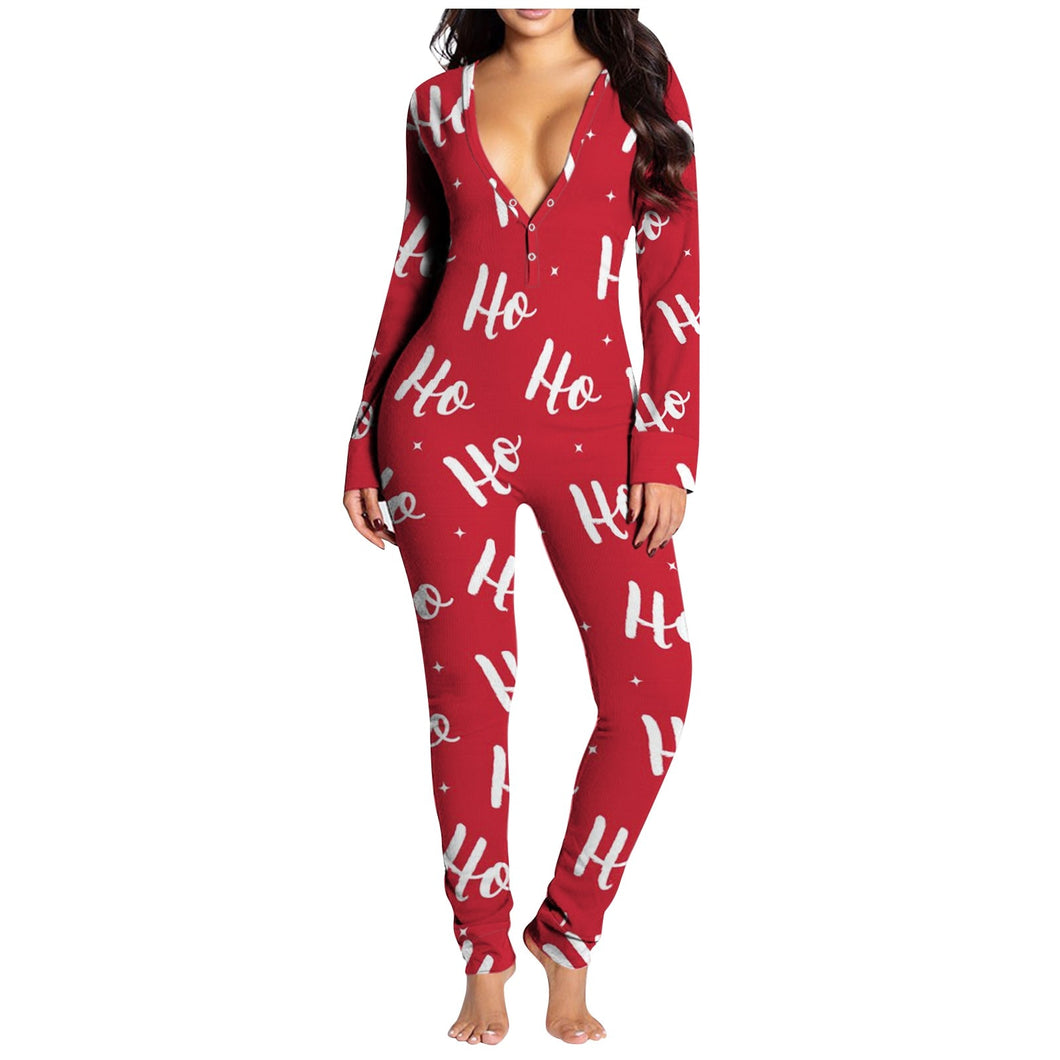 Christmas Button-Down Onesies Jumpsuit Women Print Functional Long Sleeve Pajamas Buttoned Flap Adults Night Jumpsuit Sleepwear