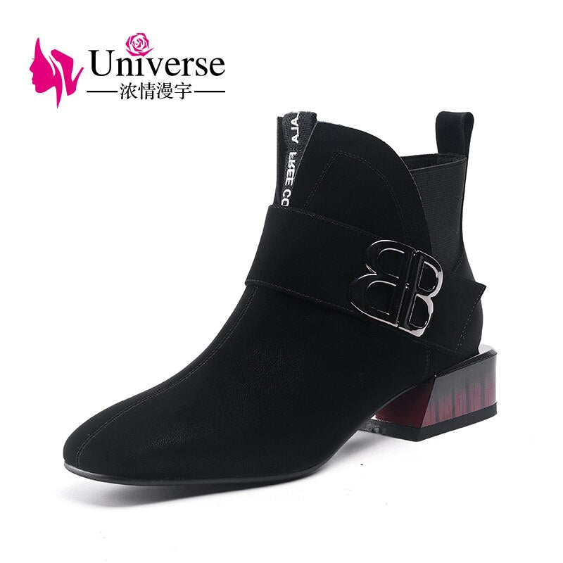 J325 Lady Cow Leather Round toe Shoes Lady Square High Heels 3.5cm Latest New Design  Ladies Boots