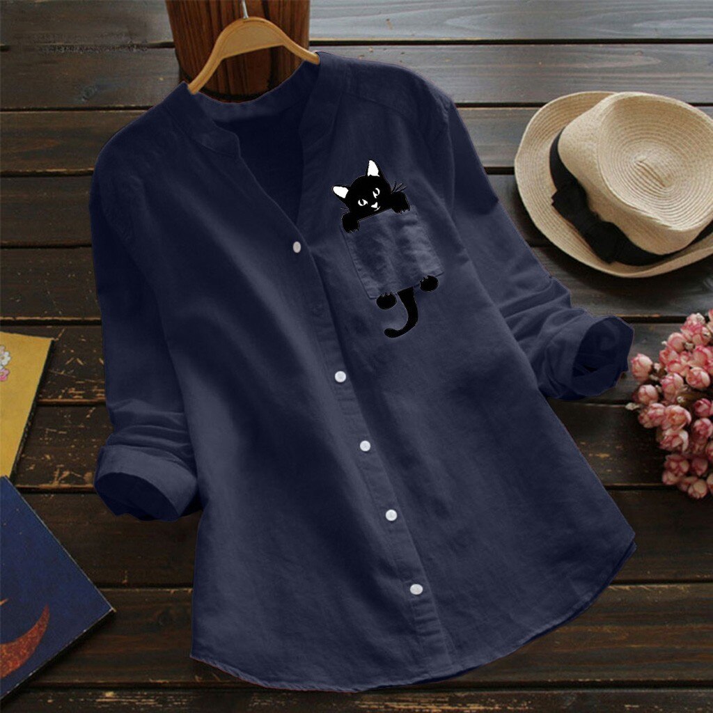 Women Cat Shirt Linen Blouse Long Sleeve Kawaii Blouses Tops Laple Pocket Down collared shirts Spring Woman Clothes
