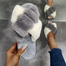 Load image into Gallery viewer, Faux Fur Cross Slippers Women Winter Warm Fluffy Indoor Floor Slides Leopard Print Flat Soft Shoes Ladies Non-Slip House Shoes
