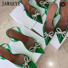Load image into Gallery viewer, Green PVC Crystal Women Sandals Runway Rhinestone Compass Strange Heel Slingback Party Shoes Sexy Pointy Toe Bride Wedding Shoes
