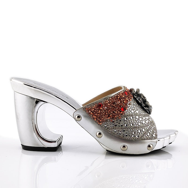 2021 New Arrival Fashionable Italian Shoes and Bag Sets Silver Color Women's Shoes with Appliques for African lady Sandals