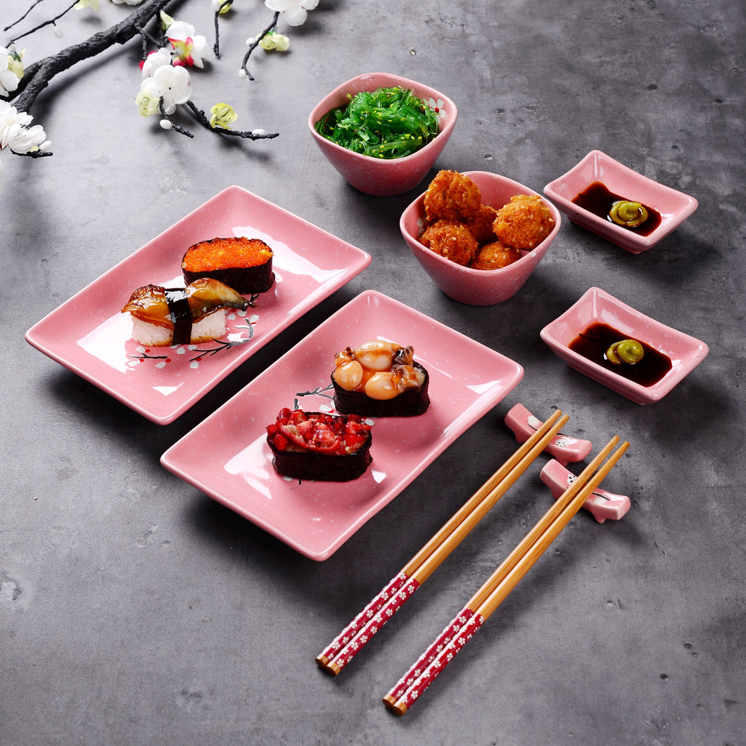 Panbado Japanese Style Pink Porcelain Sushi Set with 2*Sushi Plate,Bowl,Dip Dishes,Bamboo Chopstick,Sticks Stand Set Gift Box