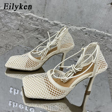 Load image into Gallery viewer, Eilyken 2022 New Sexy Yellow Mesh Pumps Sandals Female Square Toe high heel Lace Up Cross-tied Stiletto hollow Dress shoes
