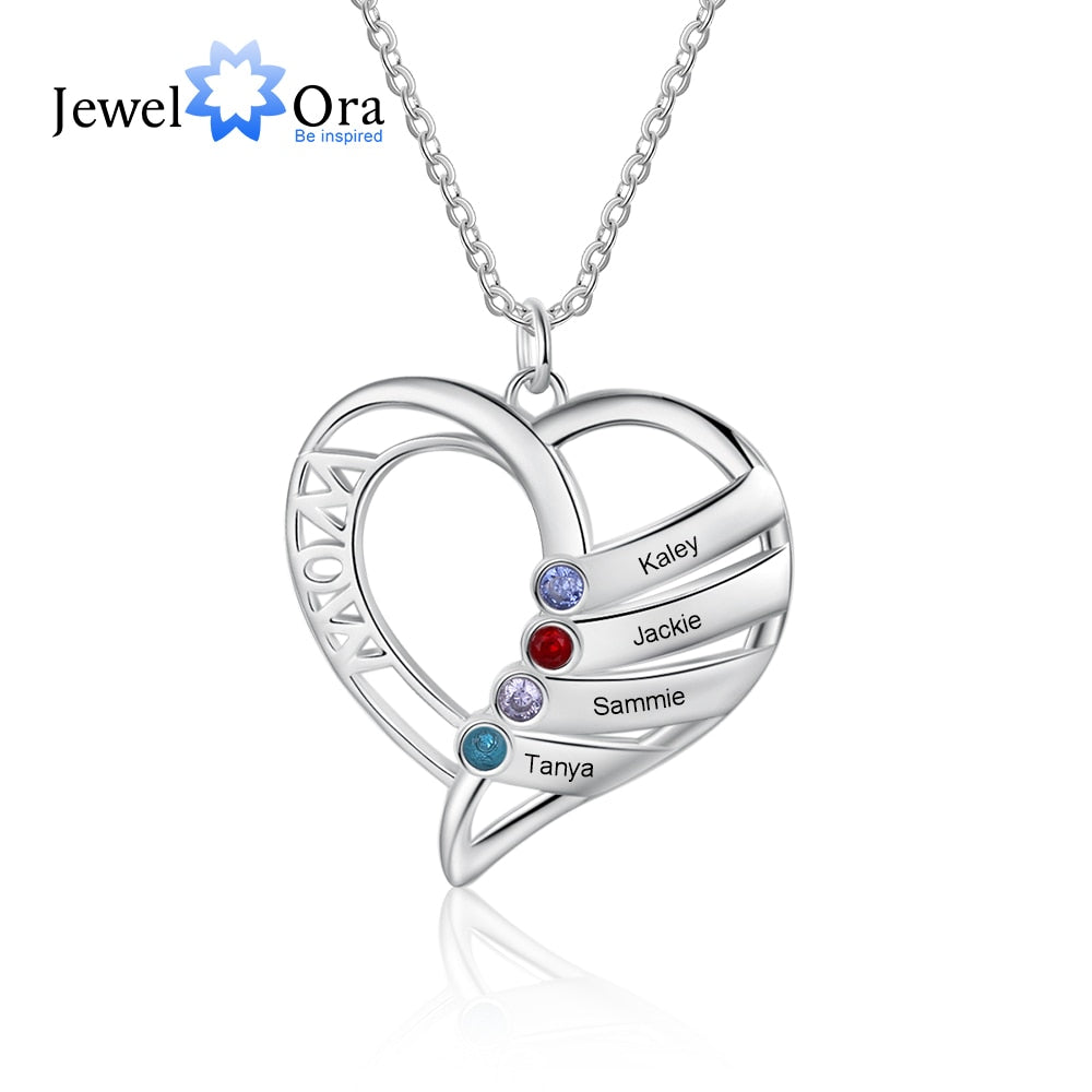 JewelOra Personalized Birthstone Mother Necklace Custom Family Name Engraved Heart Pendants for Women Mothers Day Christmas Gift