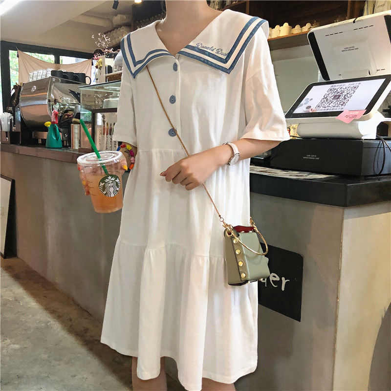 Short Sleeve Dress Patchwork Preppy Style Sailor Collar Summer Slim Sweet Girls Kawaii Daily Streetwear Leisure Students