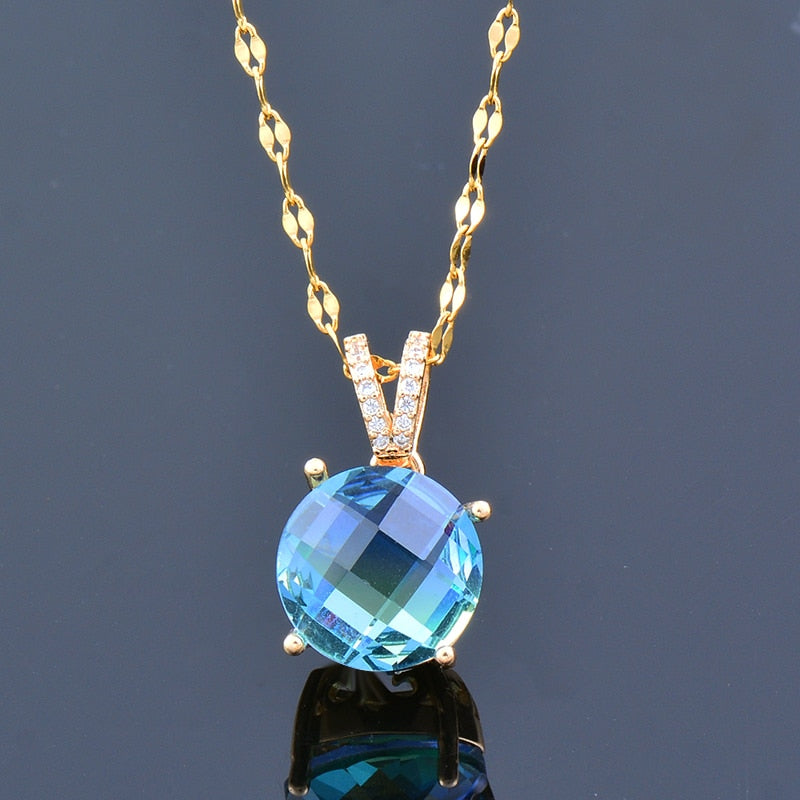 SINLEERY Blue Purple Cubic Zircon Circle Hexagon Pendant Necklace Gold Color Women Fashion Jewelry 2021 New Arrival XL273 SSK