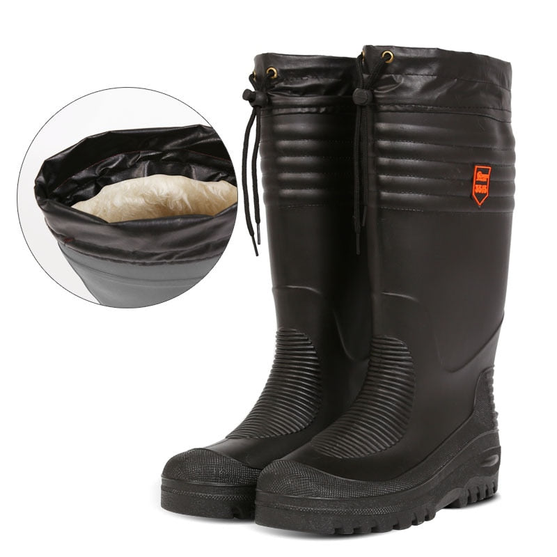 Black High Fishing Boots Men Water Shoes Rain Boots with Fur Winter High Boot Cotton Padded Boots Waterproof