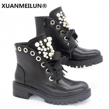 Load image into Gallery viewer, Women Short Boots 2021 Ladies Leather Ankle Boots Autumn Platform Motorcycle Shoes For Woman&#39;s Punk 36-42 Winter Pearl Rivet Sho
