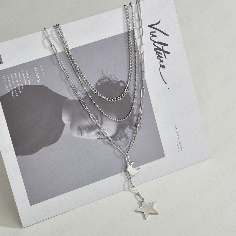 Three-Tier Necklace Women Stainless Steel Sweater Chain Fashion Fashion All-Match 2021 Trend Moon And Star Necklace Jewelry