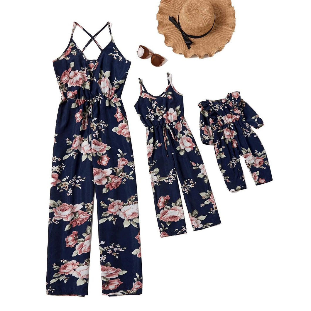 2021 Flower Summer Mommy And Me Matching Jumpsuits Clothes Straps Mom And Daughter Floral Matching Set Outfits Baby's Clothes