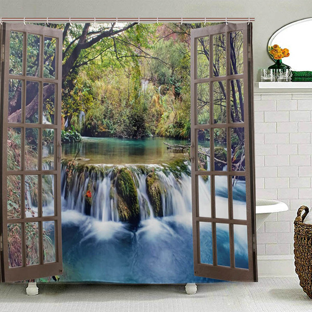 3D Waterfall Landscape Waterproof Bathroom Shower Curtain Rug Set Sunshine Polyester Bath Curtain Non-slip Toilet Cover Bath Mat
