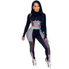 Load image into Gallery viewer, Casual Two Piece Set Women Color Patchwork Full Sleeve Shirt Crop Top + Long Pant Tracksuit Sportsuit Clothes For Women Outfit
