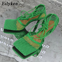 Load image into Gallery viewer, Eilyken 2022 New Sexy Yellow Mesh Pumps Sandals Female Square Toe high heel Lace Up Cross-tied Stiletto hollow Dress shoes

