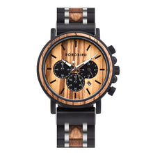 Load image into Gallery viewer, BOBO BIRD Wooden Watch Men erkek kol saati Luxury Stylish Wood Timepieces Chronograph Military Quartz Watches in Wood Gift Box
