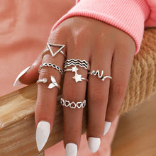 Load image into Gallery viewer, Retro Silver Color Mermaid Tail Rings Set Ocean Wave Geometric Triangle Star Heart Infinity Charm Minimalist Finger Joint Bands
